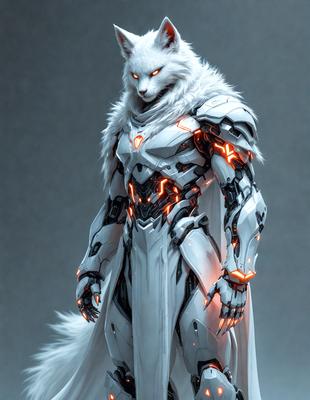 The primary subject of the image is a white, furry creature with a hood, which appears to be a mix of a wolf and a fox. The creature is wearing a white, futuristic outfit with a hood and is standing in front of a gray background. The visual style of the image is digital art, with the creature and its outfit being intricately detailed and well-rendered. The colors and mood of the image are predominantly white and gray, giving it a clean and modern